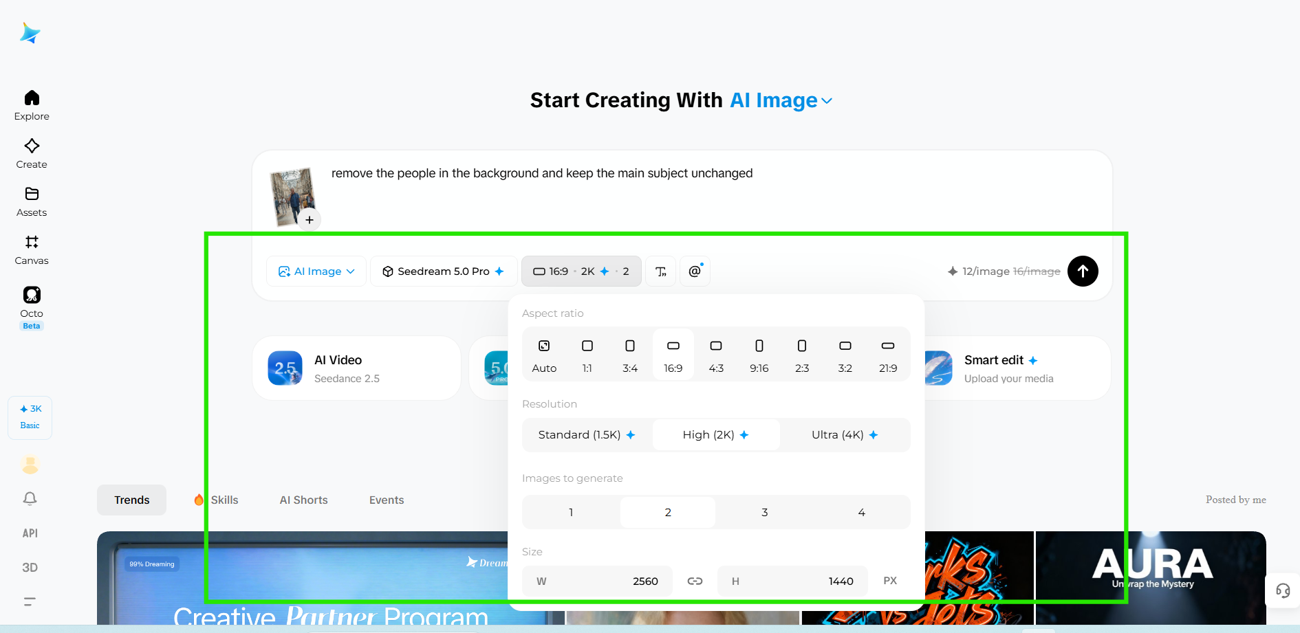 Selecting image settings and generating with Dreamina