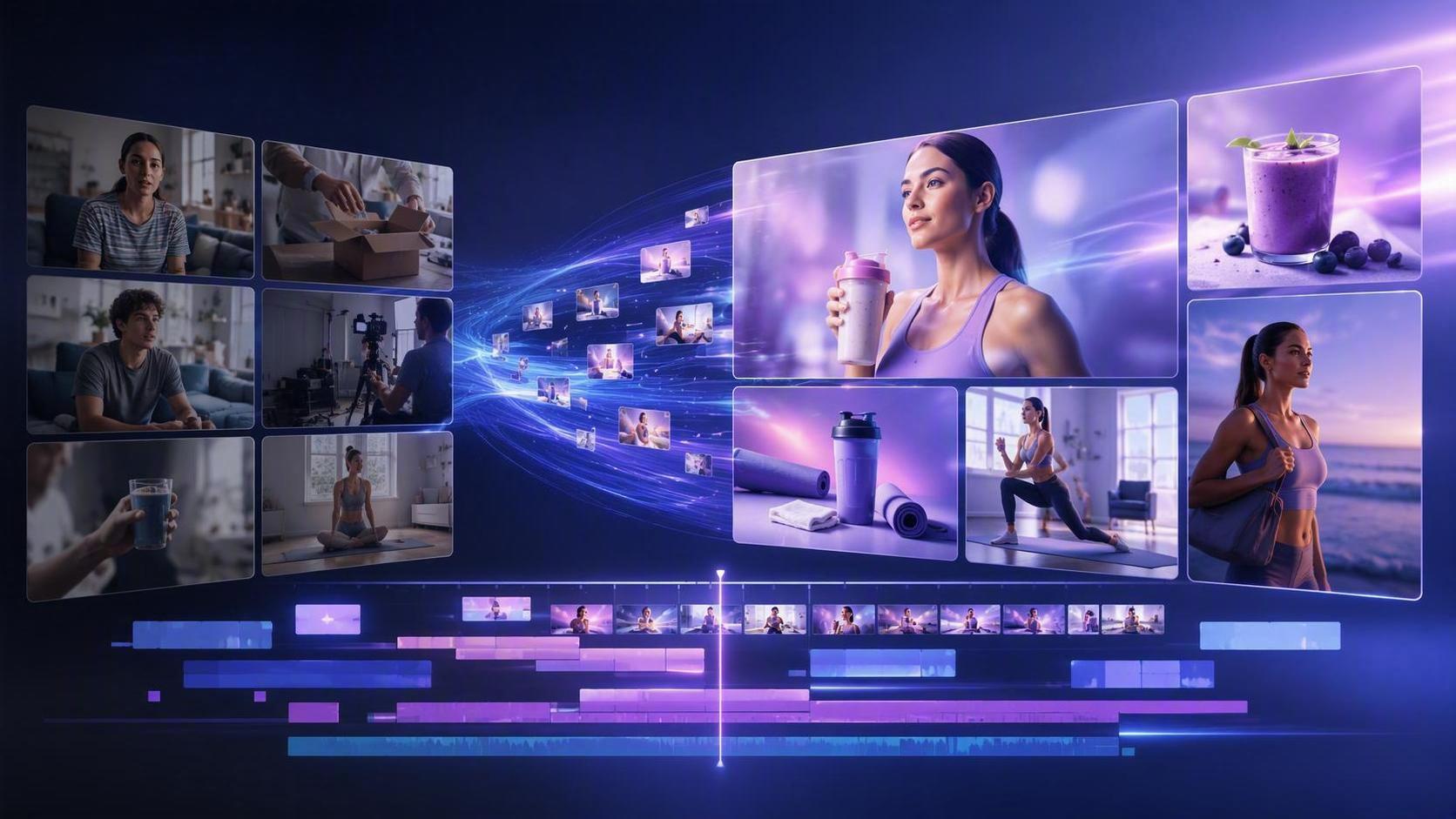 Raw footage transforming into polished video ads with editing timeline and marketing campaign visuals.