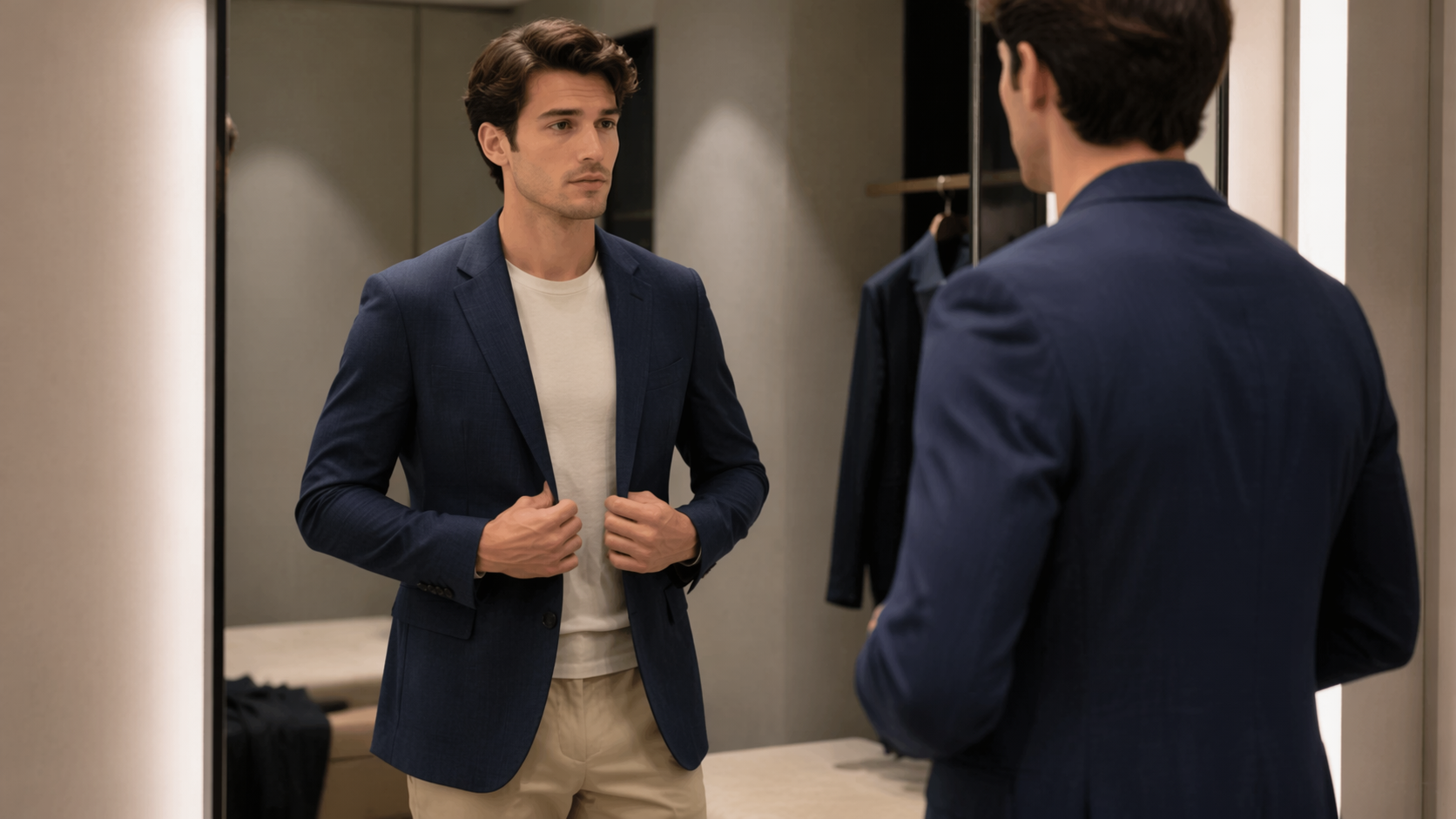 Dreamina AI virtual fitting room prompt example 1: tailored blazer try-on