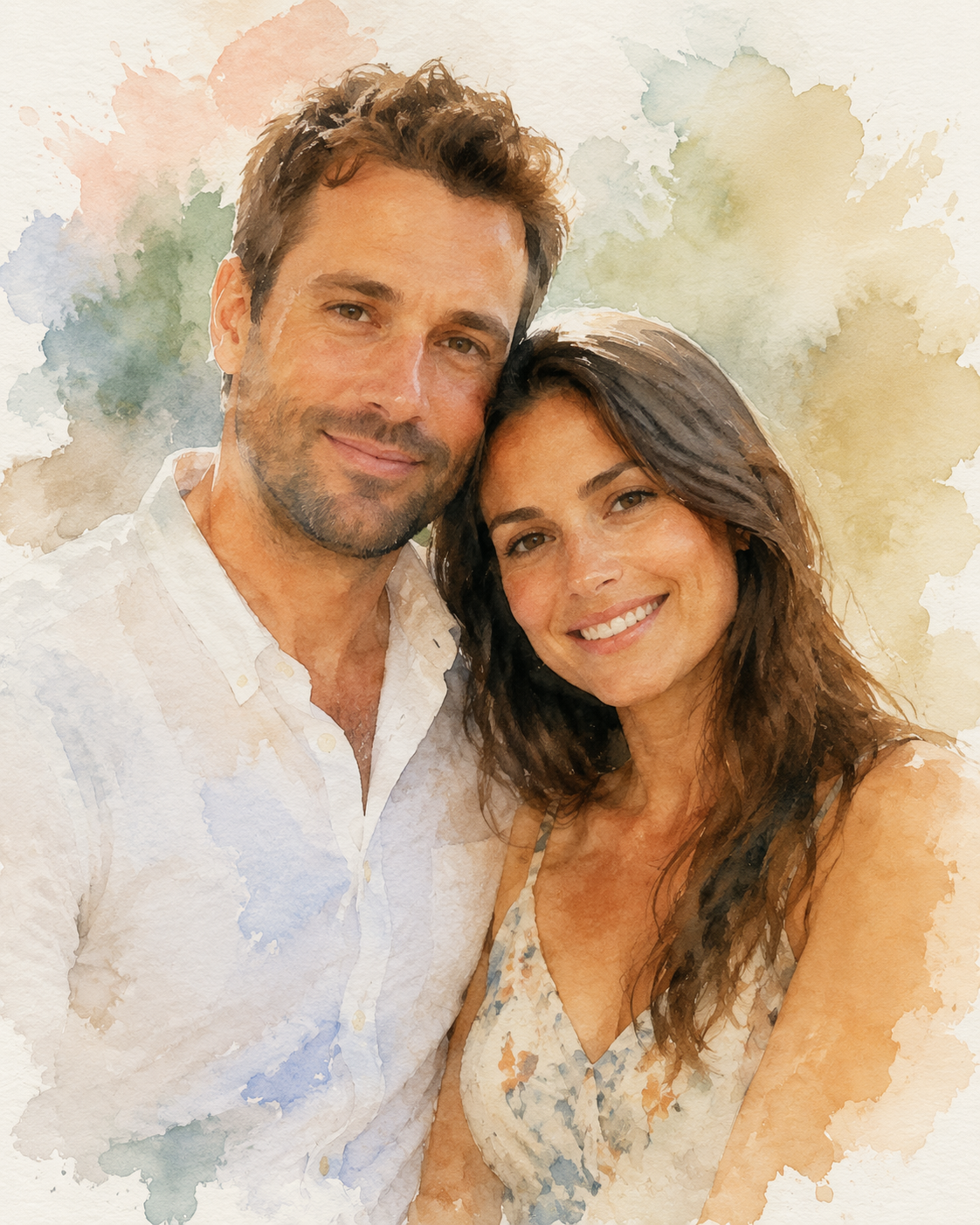 Dreamina watercolor couple photo prompt prompt example 1: Soft Watercolor Couple