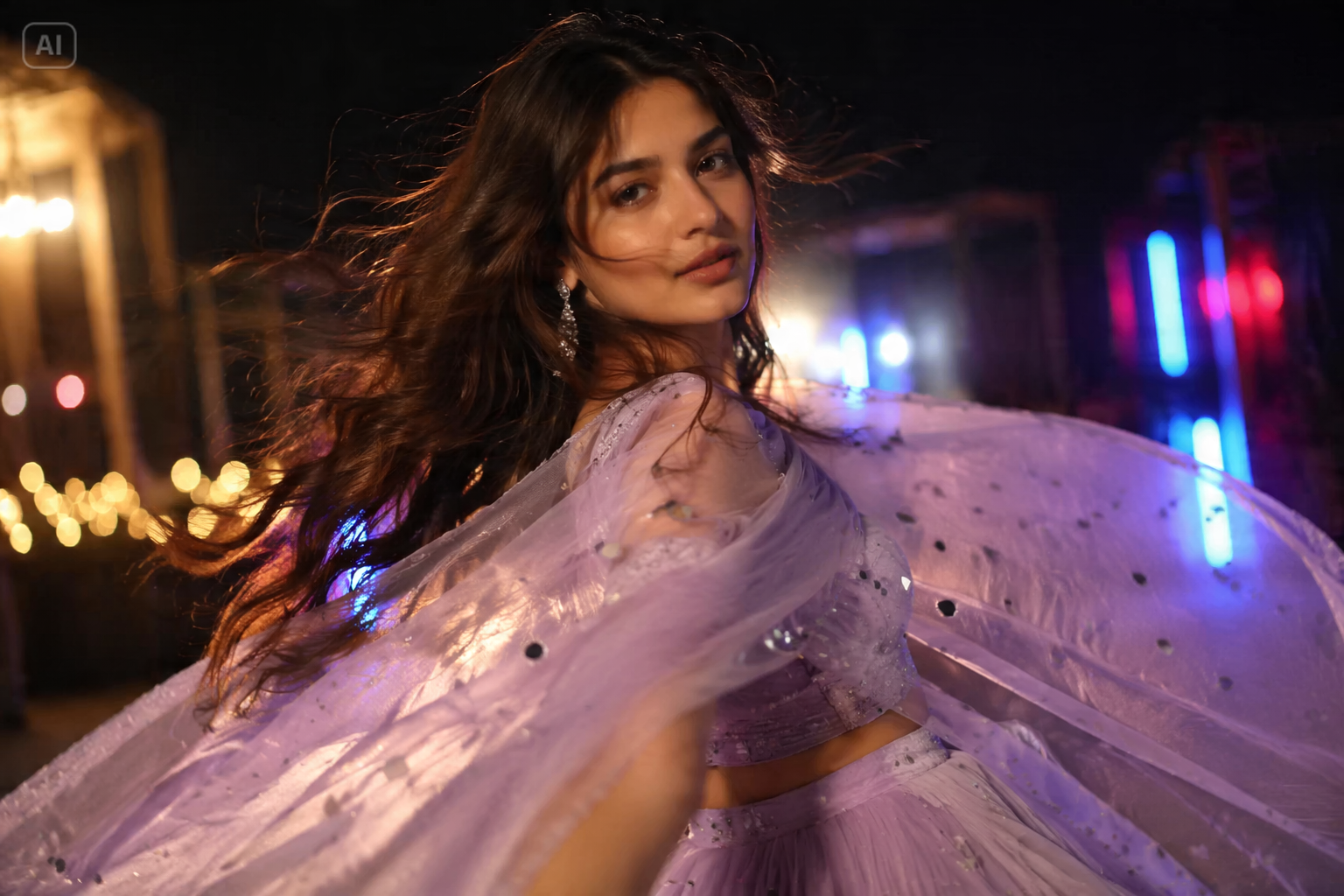 Lavender Lehenga Neon Night Portrait