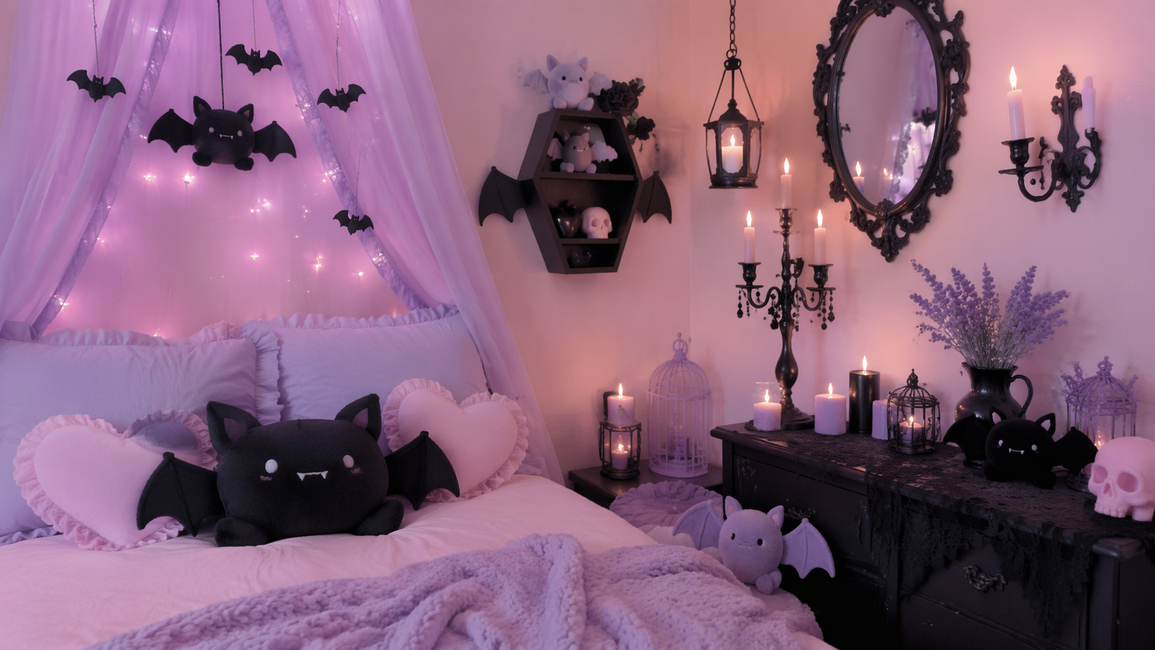 Dreamina pastel goth thẩm mỹ nhắc nhở ví dụ 2: Trang trí phòng màu đen Pastel