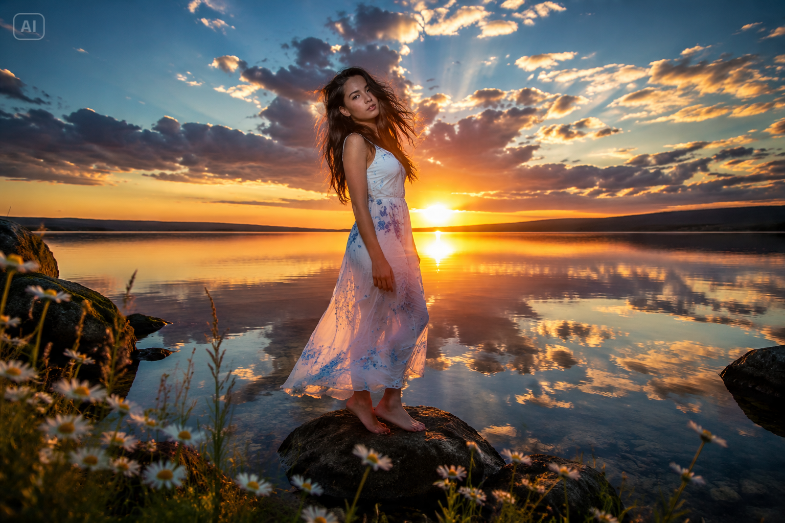 Dreamy Sunset Lakeside Reflection Portrait