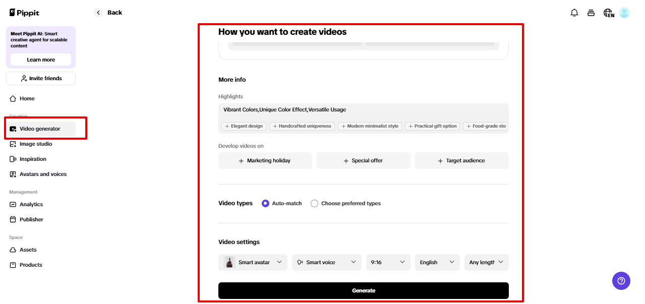 Menyesuaikan tetapan video dalam Pippit