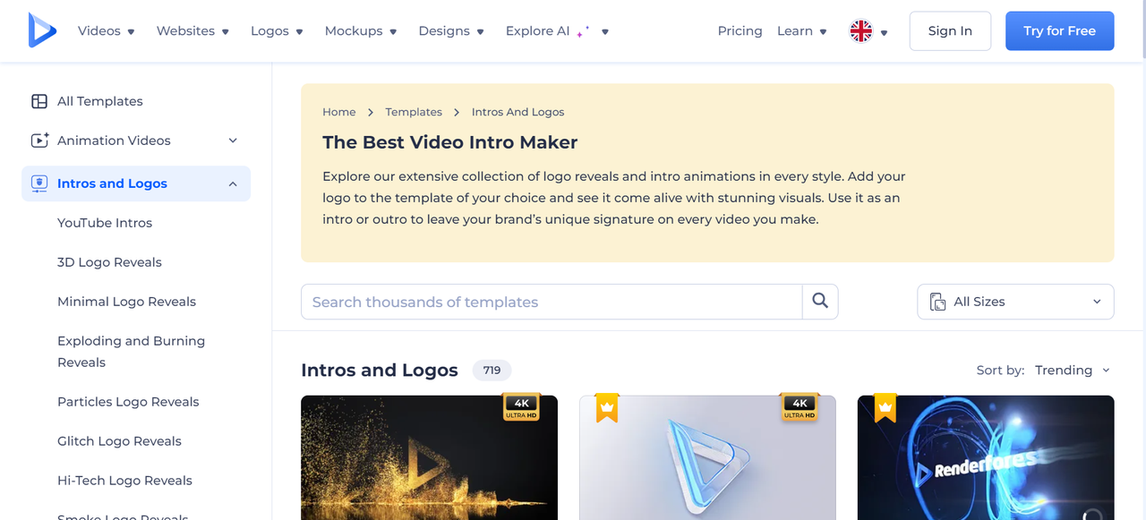 Gränssnitt för Renderforest - en lättanvänd online gratis YouTube intro maker