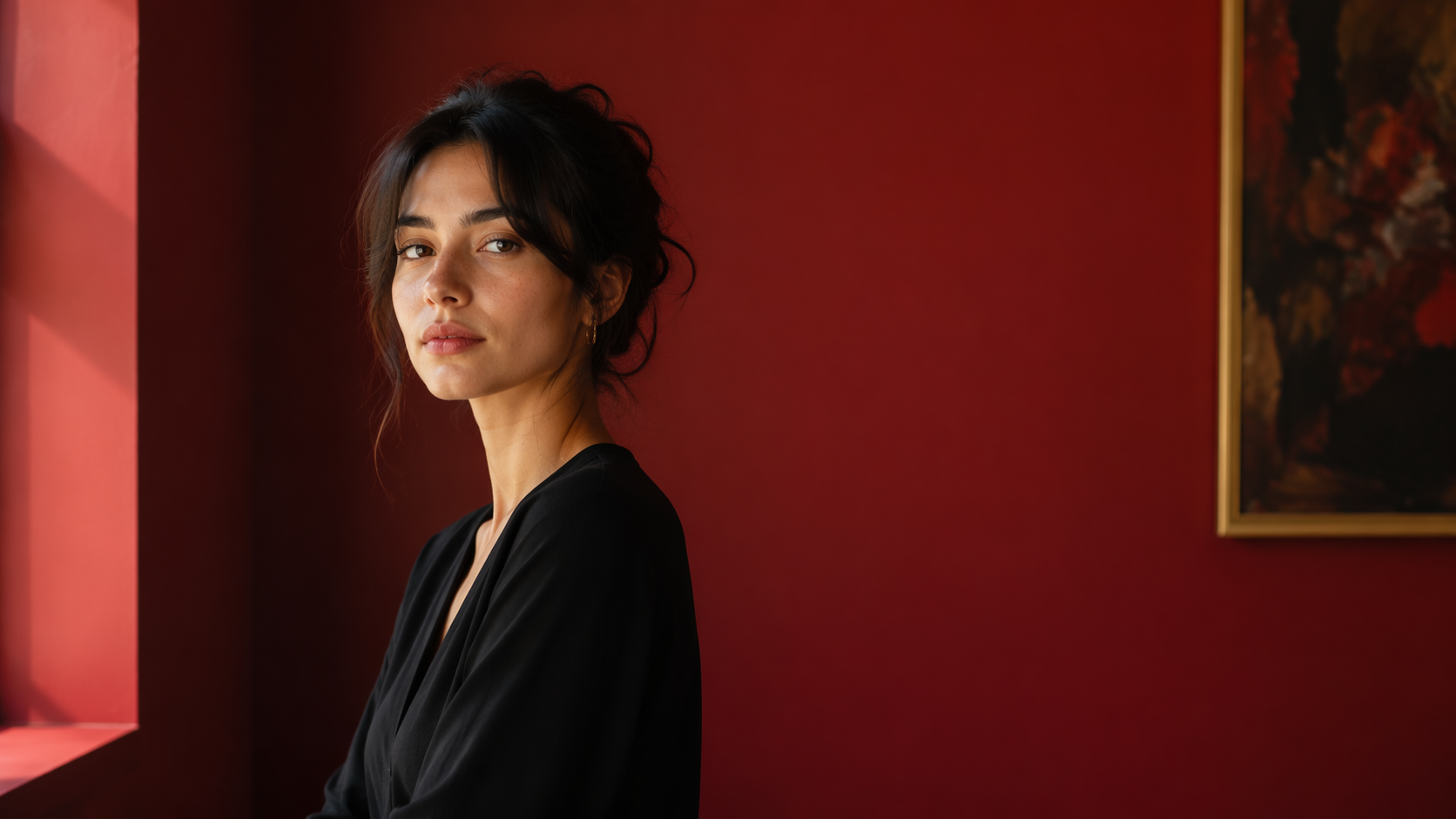 Dreamina Red Wall Gallery Portrait prompt example 6: Editorial Mood Test