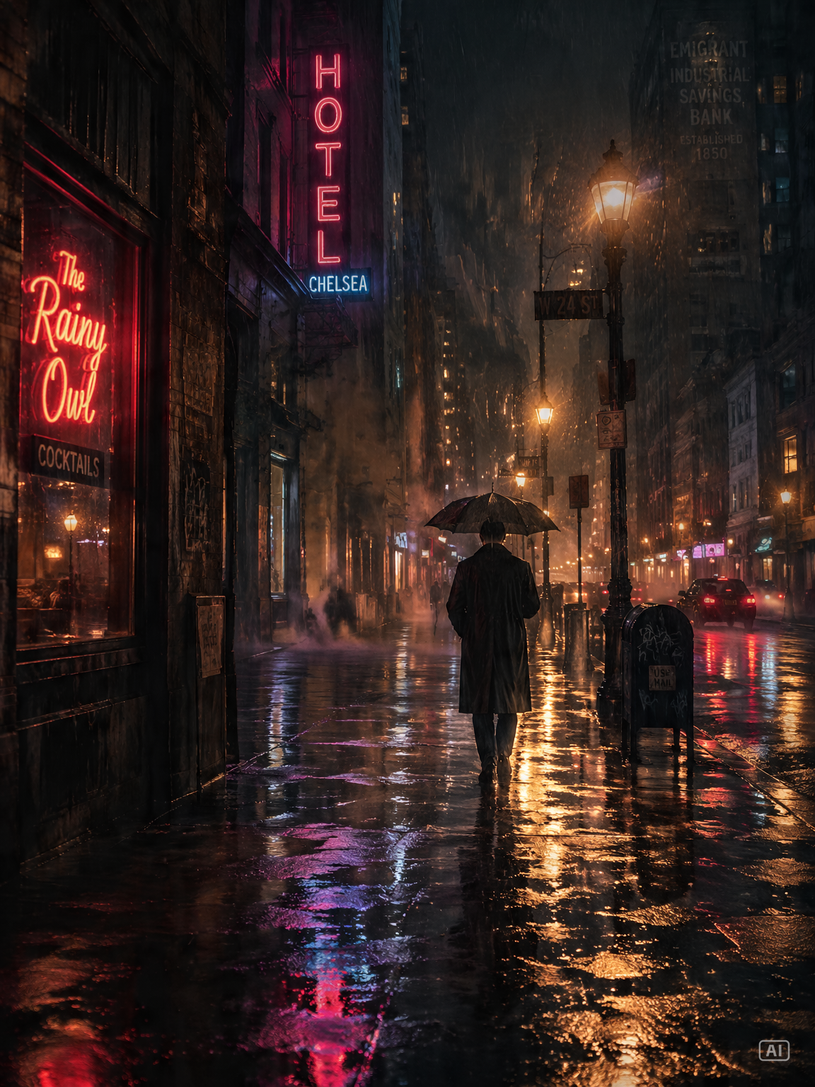 Rainy city street writing prompt image generated by Pippit
