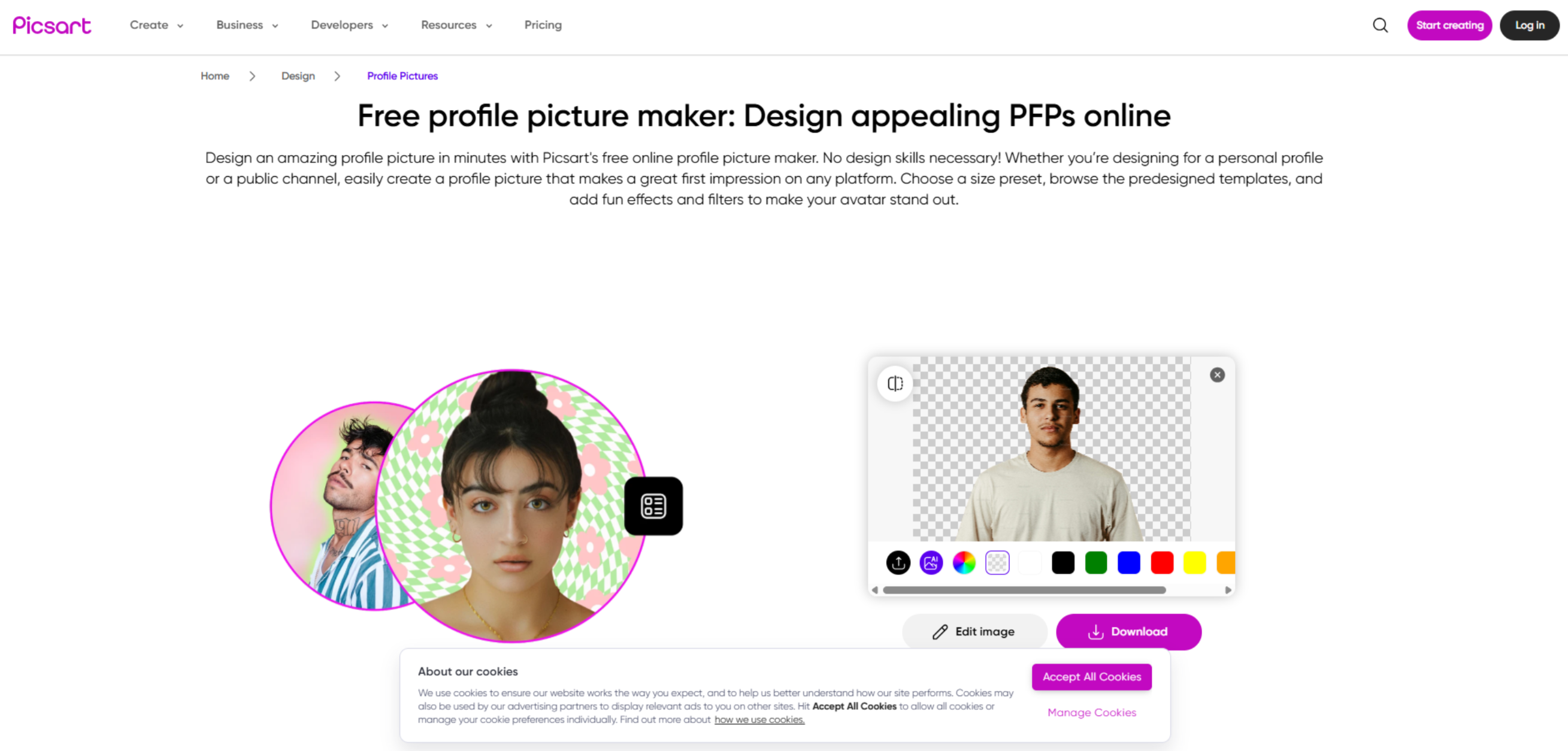 Інтерфейс Picsart — ще один інструмент для створення зображень профілю в WhatsApp.