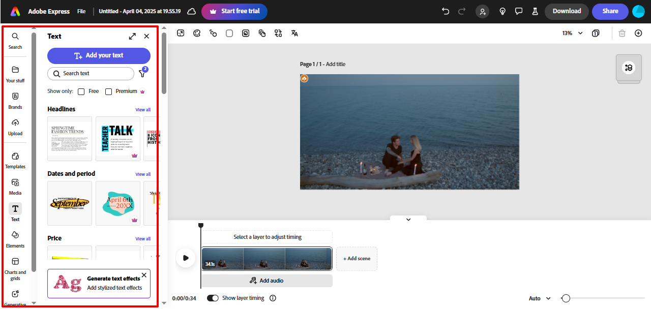 Mengubah suai video dalam Adobe Express