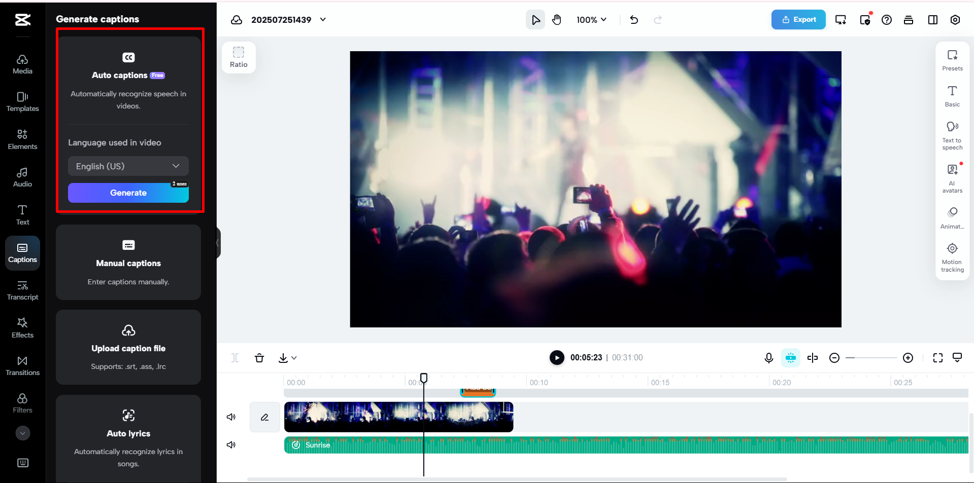 Sottotitoli video generati automaticamente nell'editor video online di CapCut