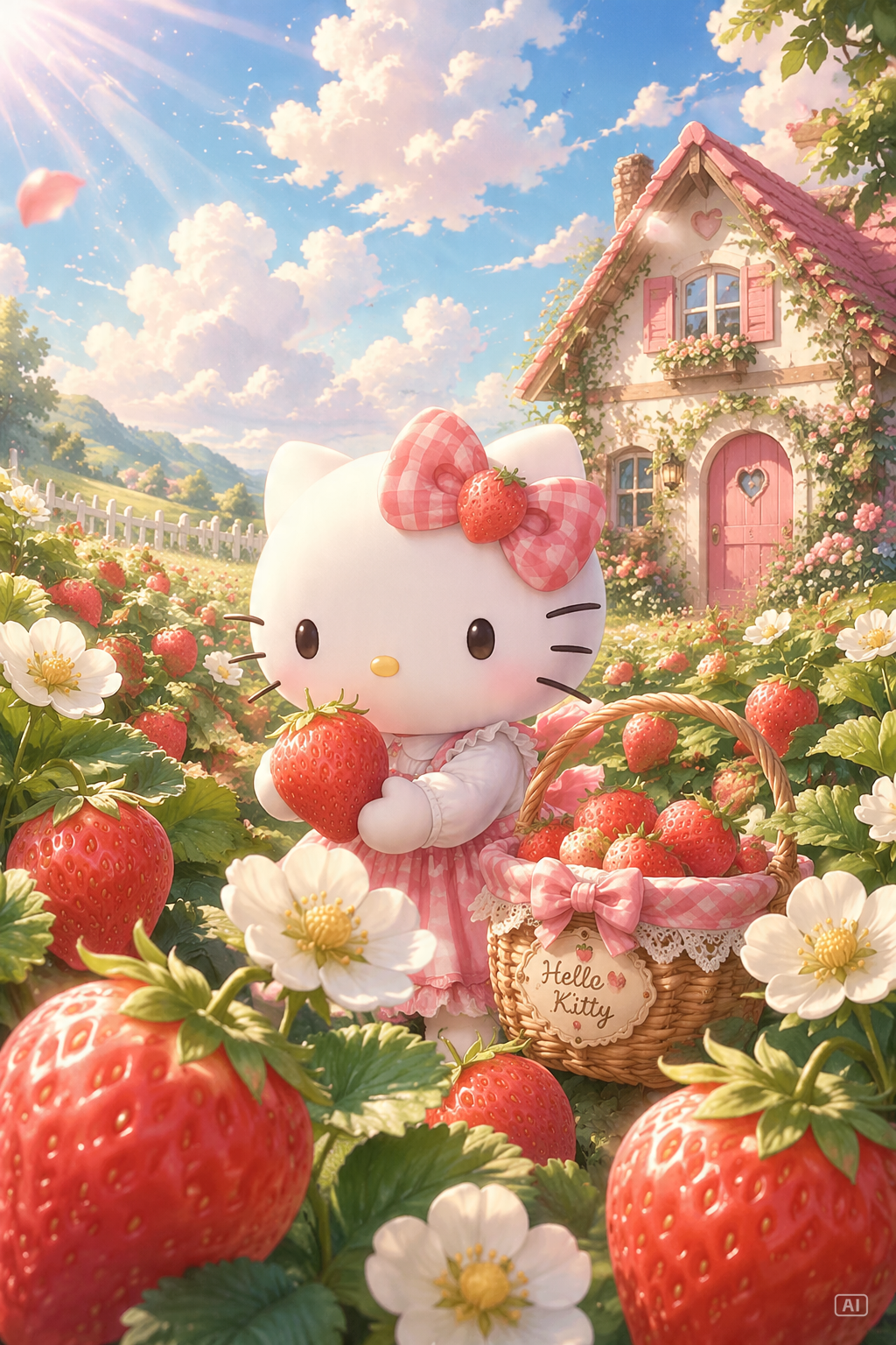 Hello Kitty cottagecore strawberry mobile wallpaper generated by Pippit