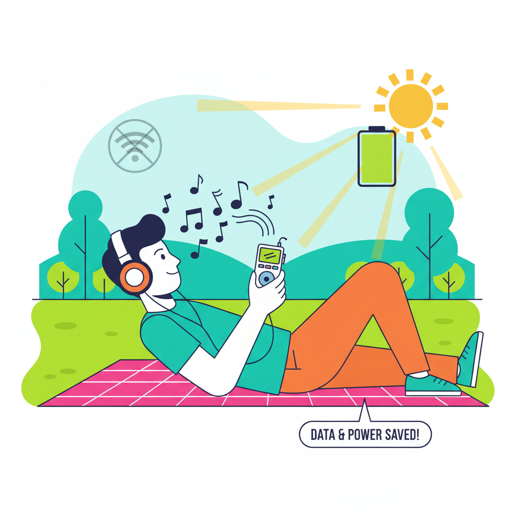 Illustrazione di una persona che ascolta un lettore MP3 offline, che rappresenta il salvataggio dei dati e della batteria.
