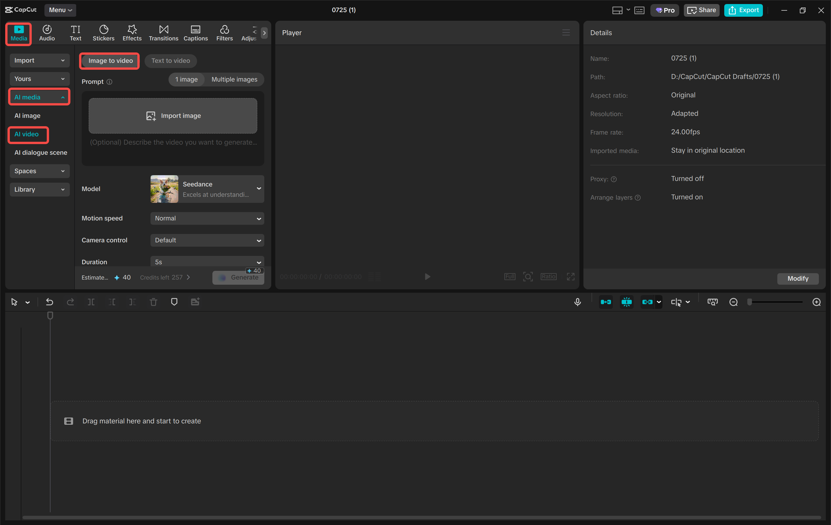 Uploading an image to the image to video tool in the CapCut desktop video editor