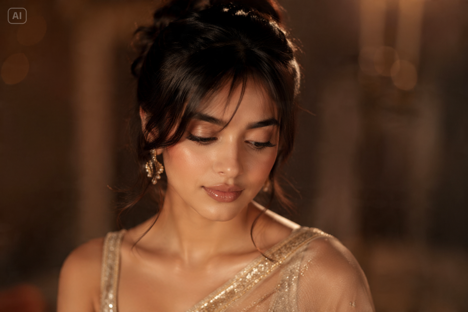 Champagne Gold Saree Editorial Portrait
