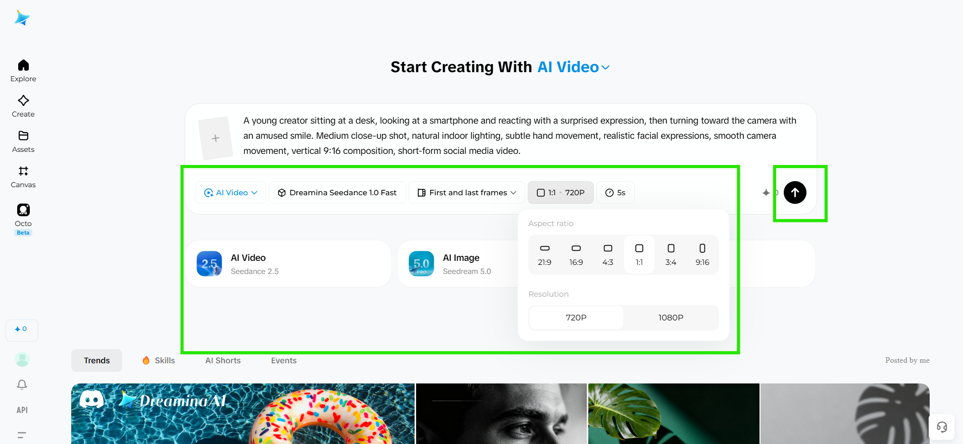 Selecting video settings and clicking Generate in Dreamina