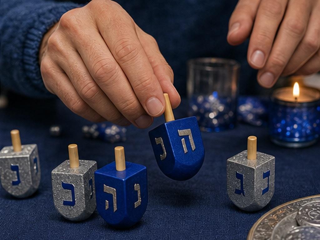 Przykład podpowiedzi AI Chanuka Photo Generator 3 - Moment na stole Dreidel