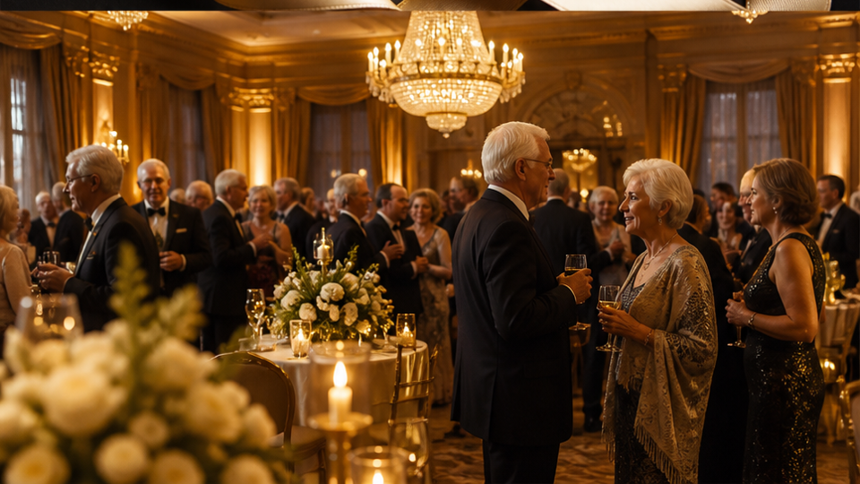 Exemple d'invitation à un événement du 50e anniversaire 3 - Tables de célébration et gros plan d'invitation avec zone de détails vierges