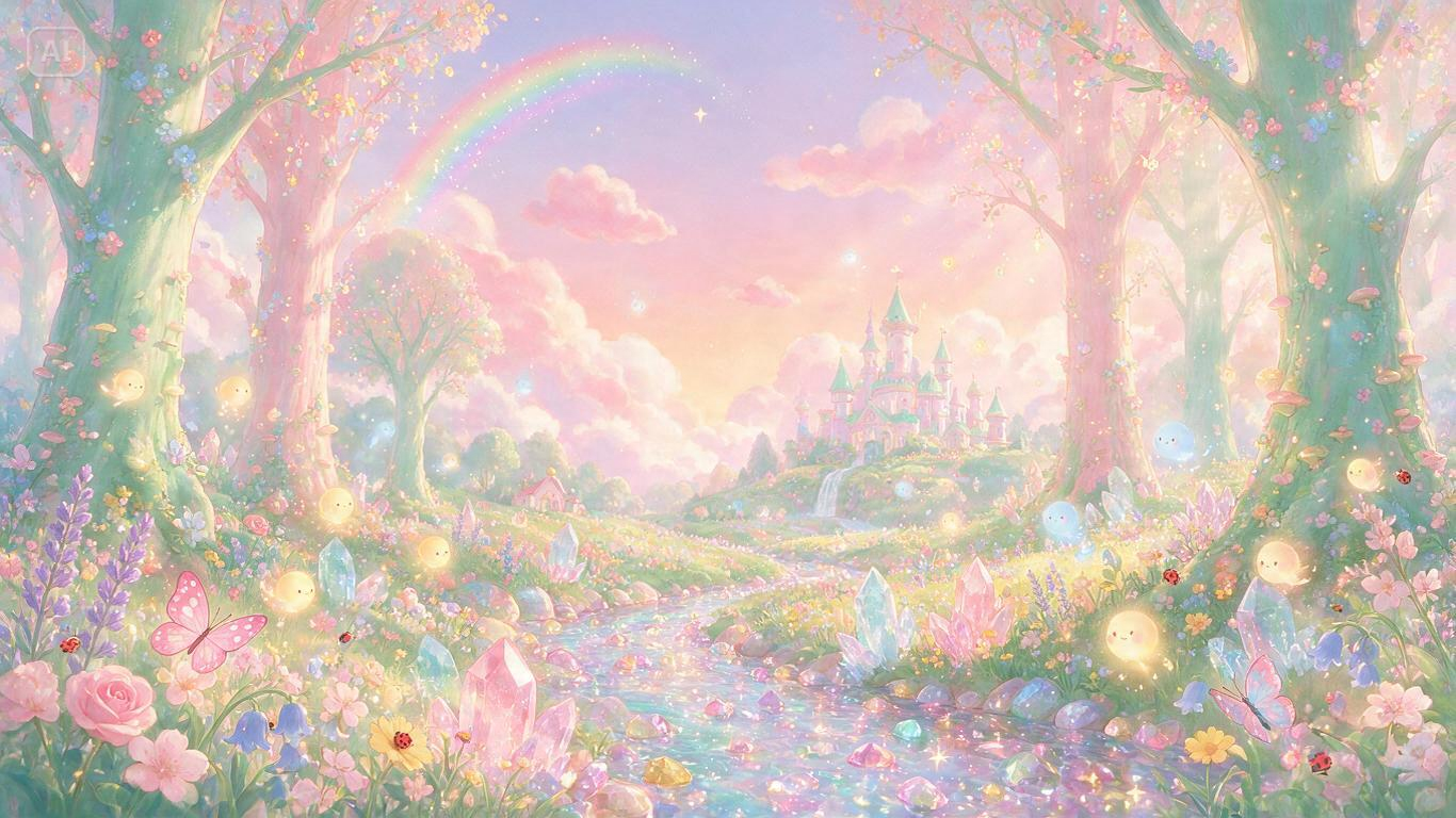 Prompt for a cute pastel anime forest scene