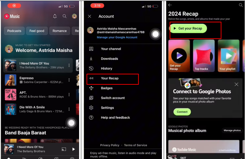 Image montrant comment consulter le récapitulatif de l'année de YouTube Music