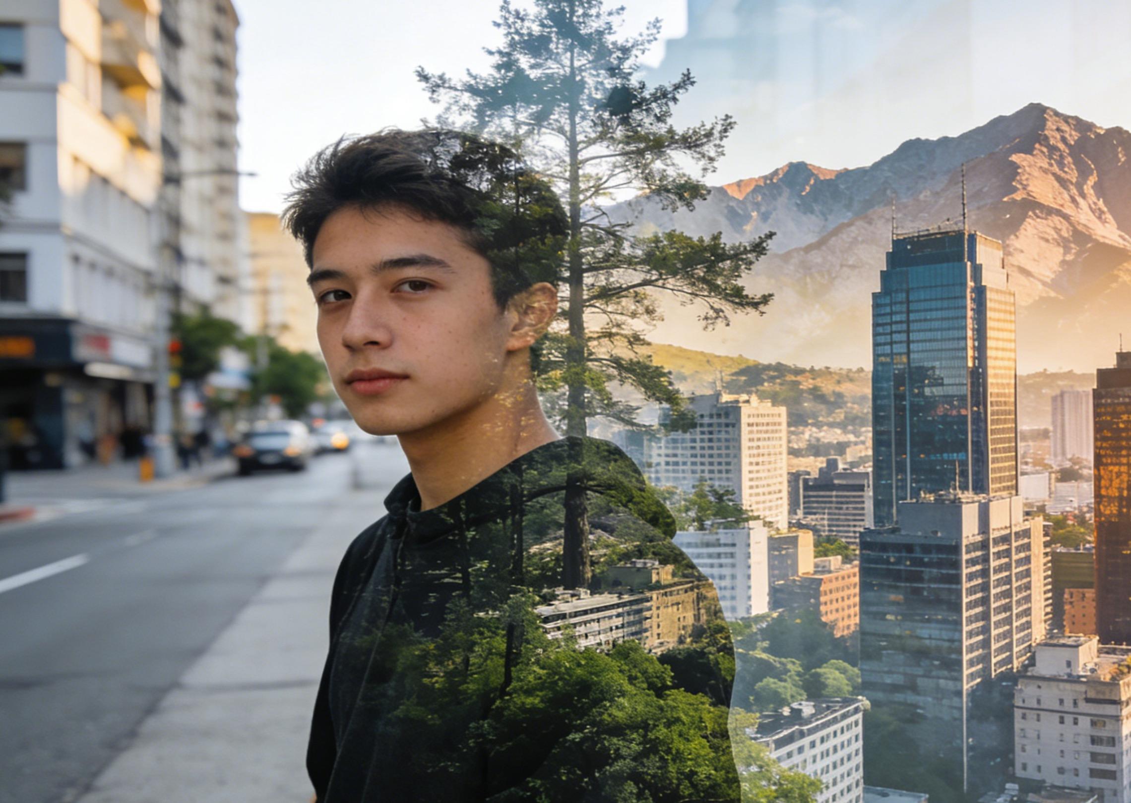 Fusionnez de manière transparente le jeune de la photo de référence avec un arrière-plan naturel pittoresque