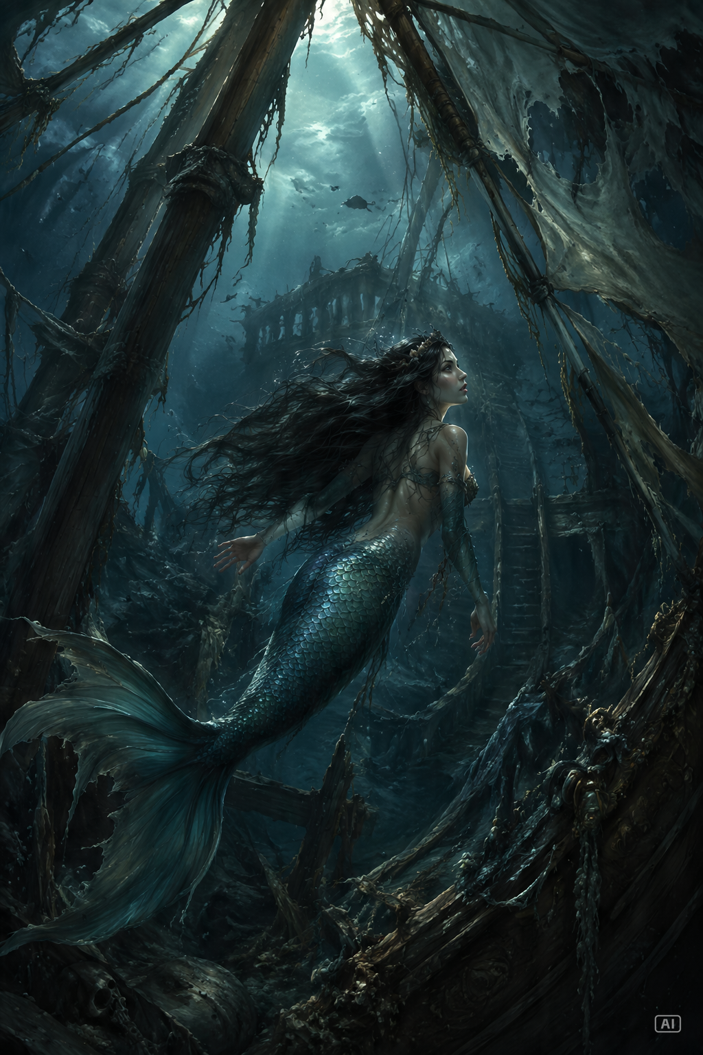 Shipwreck storm mermaid art prompt generated by Pippit