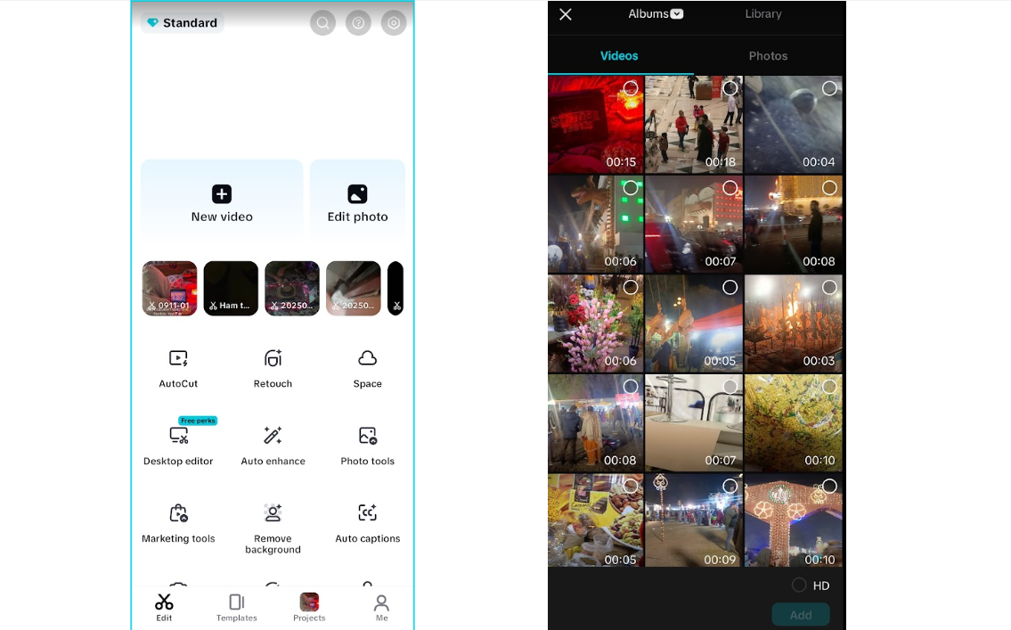 Bildschirm für die Projekterstellung in der CapCut Mobile App.