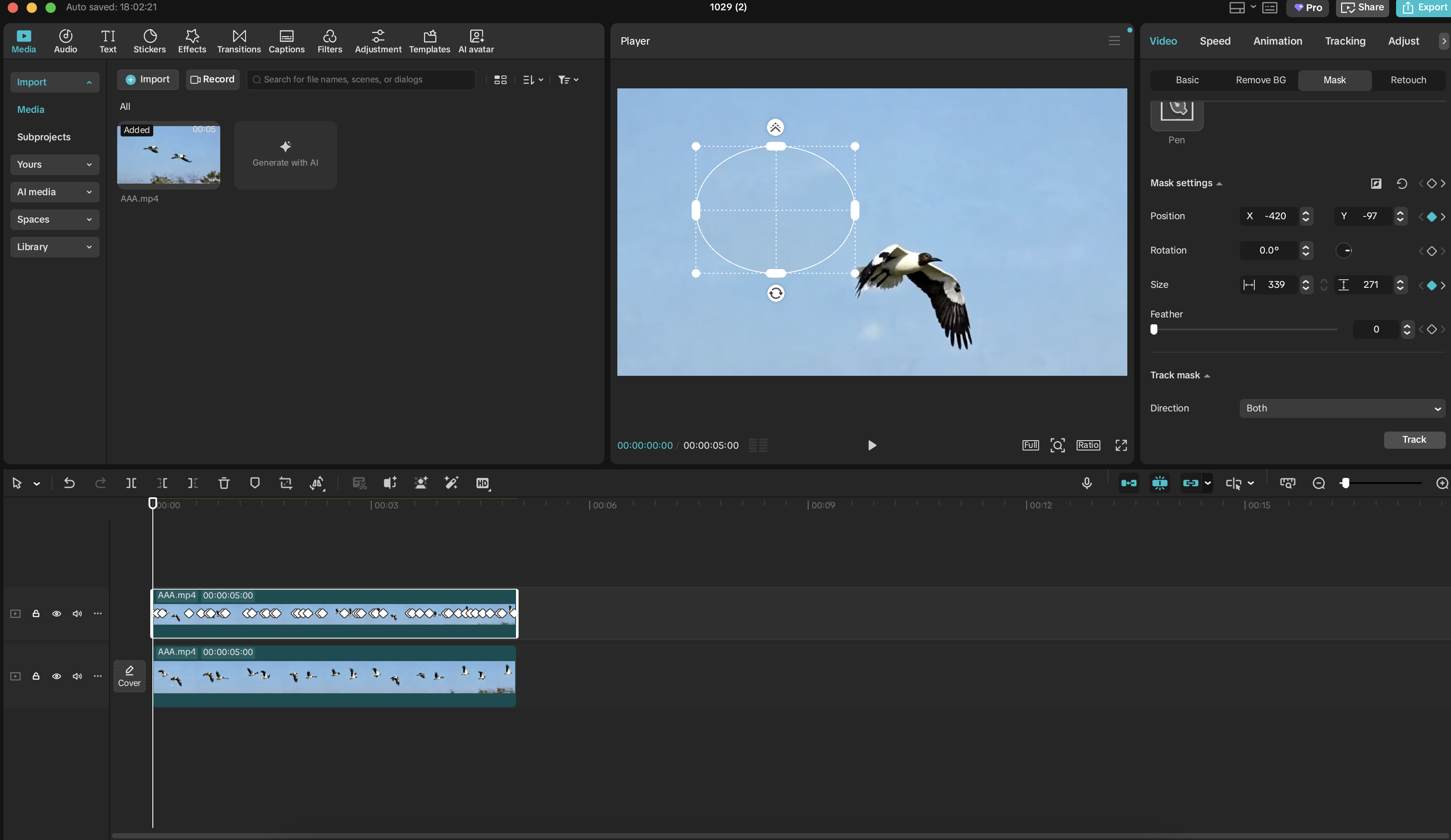 Mask tracking controls and keyframes animating the selected area along the timeline