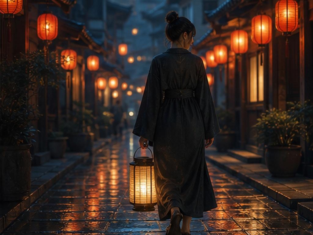 Kling AI Image to Video Alternative prompt example 3 - Lantern street walk