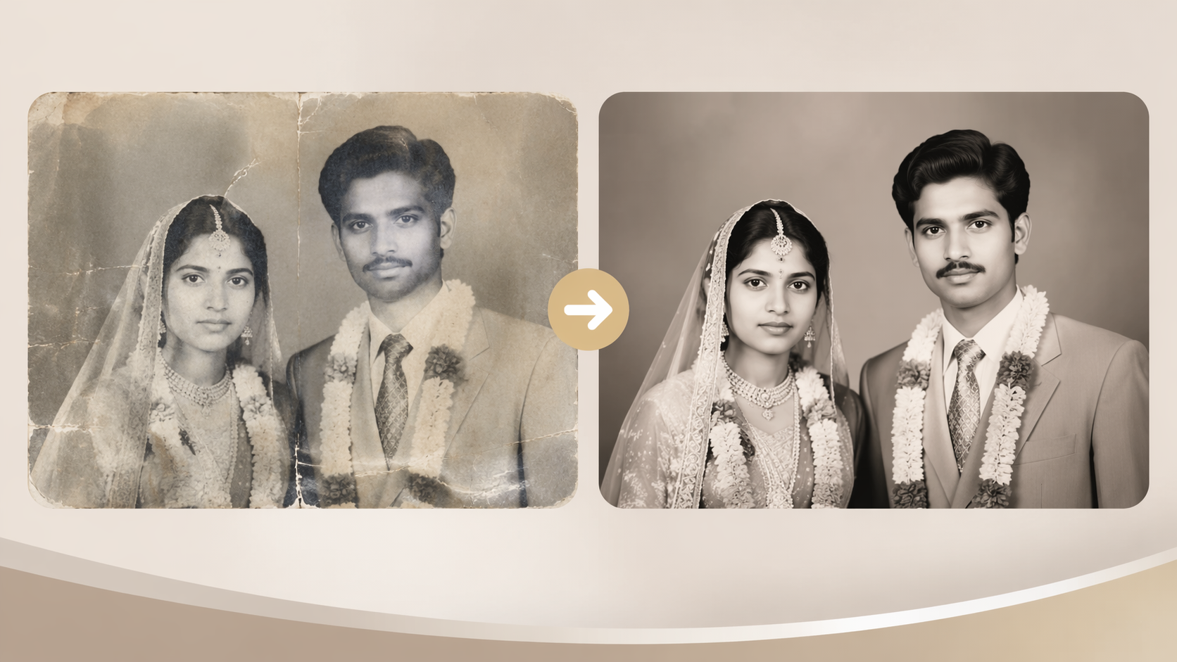 Dreamina old photo to new photo AI prompt prompt example 4: Wedding Keepsake Restoration