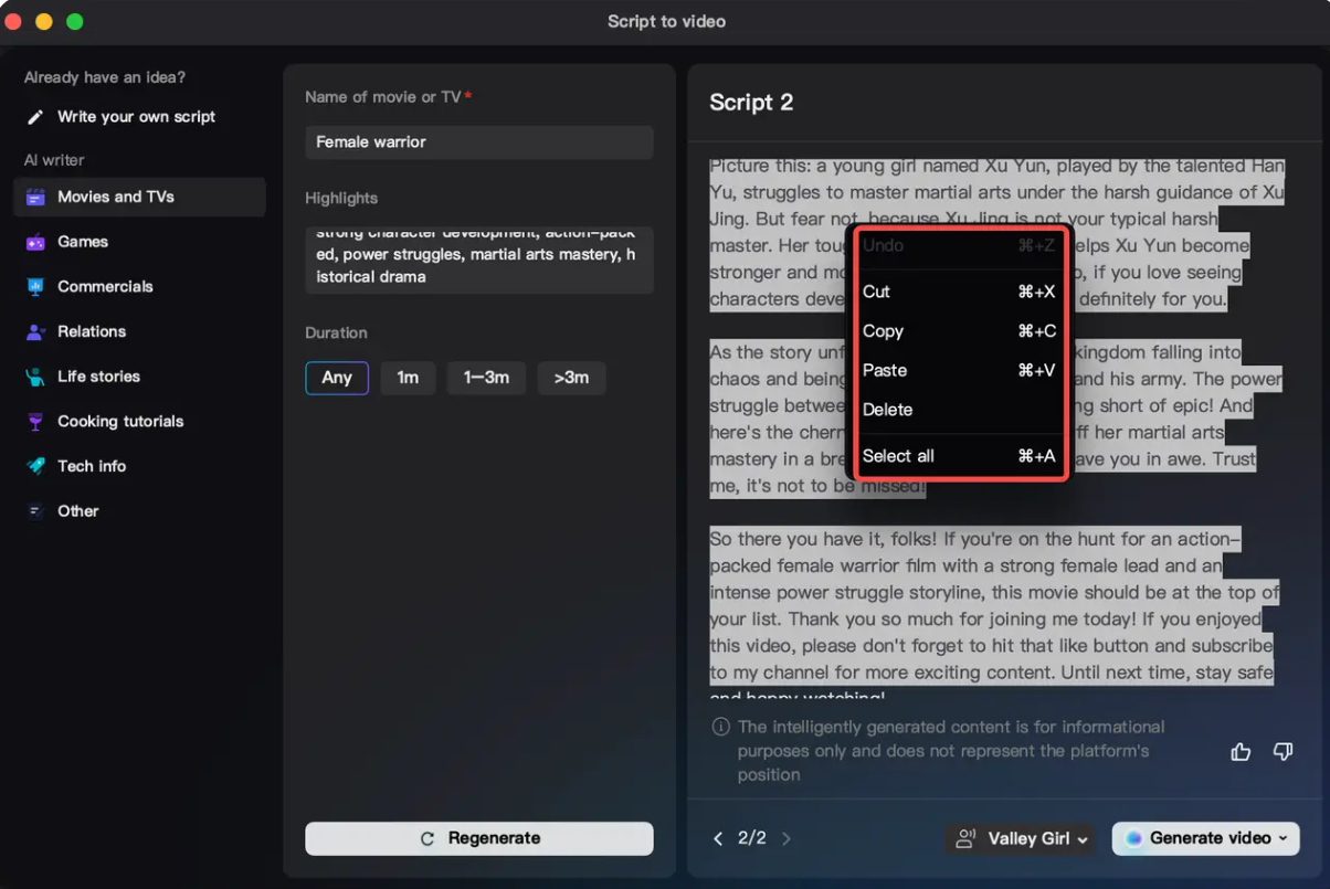 Edycja skryptu generowanego przez AI w CapCut PC - skrypt do generatora wideo AI