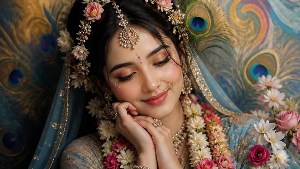 Prompt viral para Radha Rani Look oferece um close-up luminoso com joias ornamentadas e luz suave