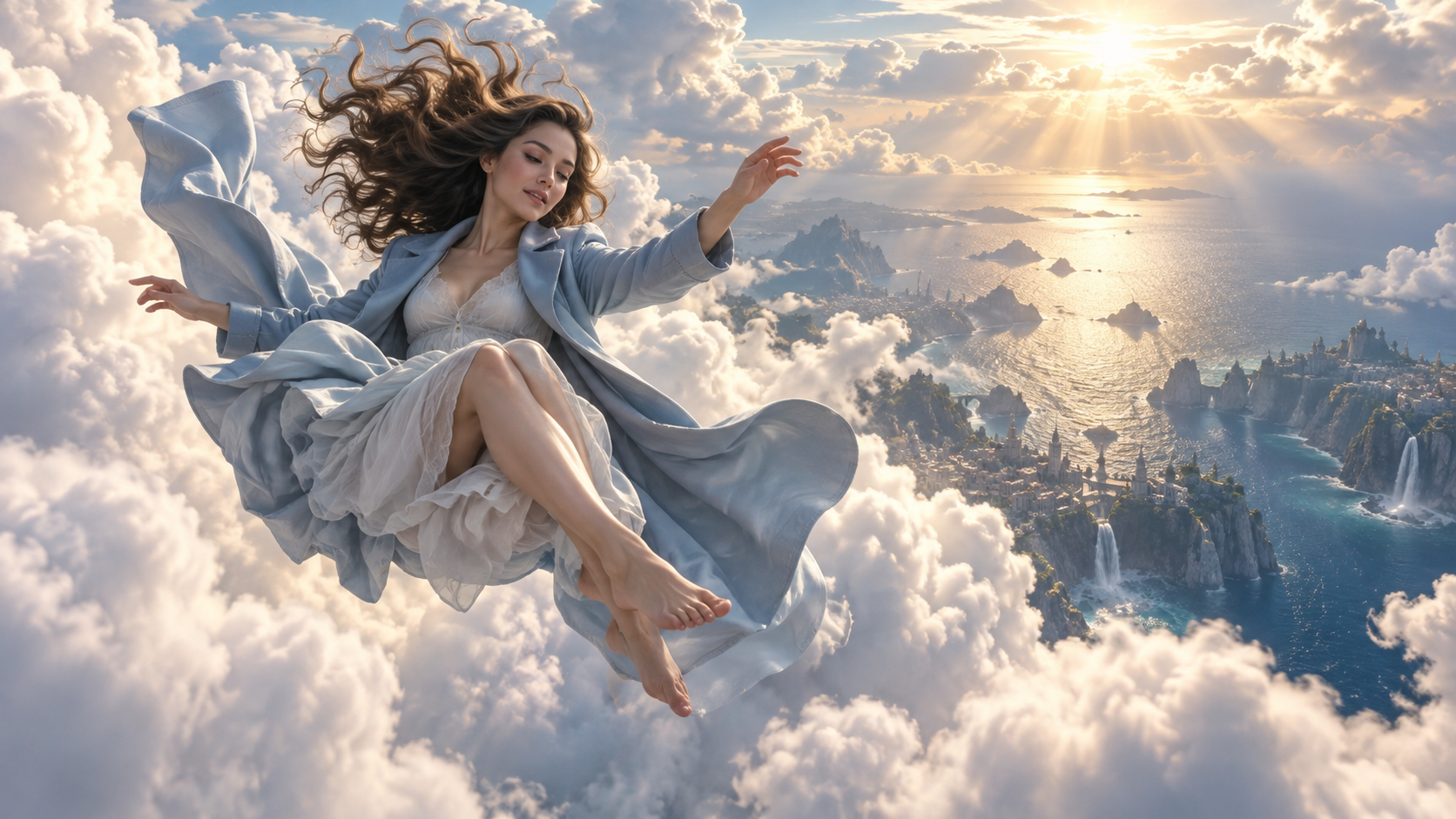 a controlled fantasy descent through layered clouds where pose, fabric, camera orientation, and horizon communicate weightlessness rather than danger