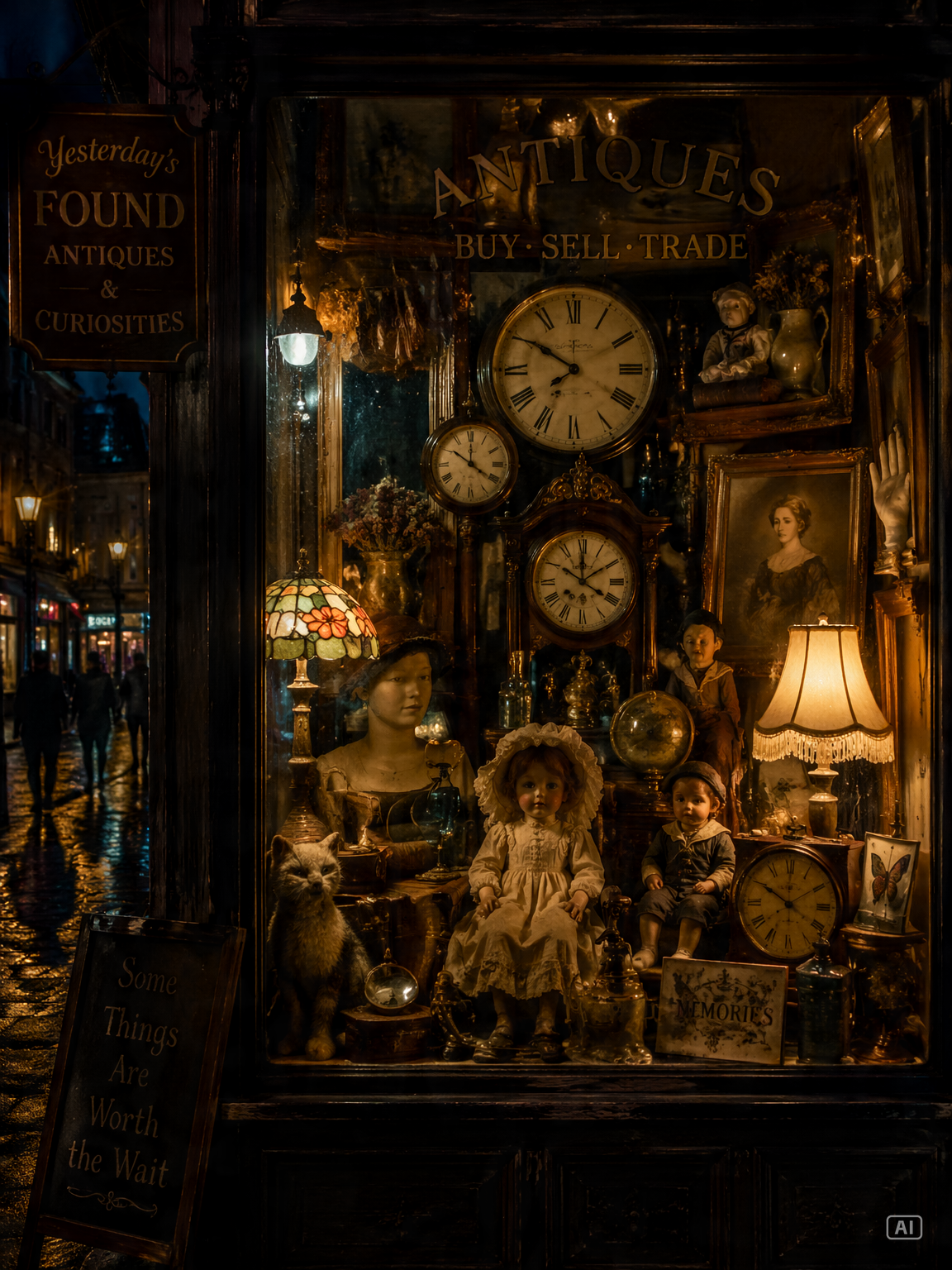 Antique shop window writing prompt image generated by Pippit
