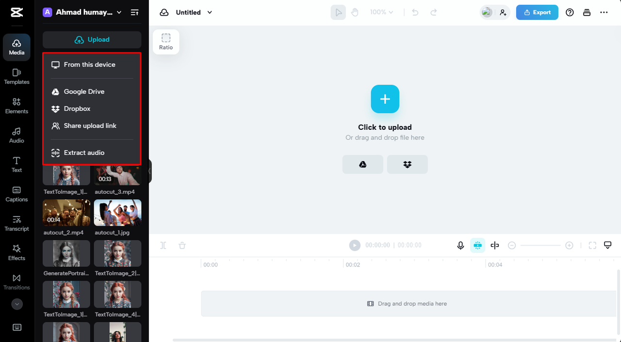 3D animation maker workflow showing media upload