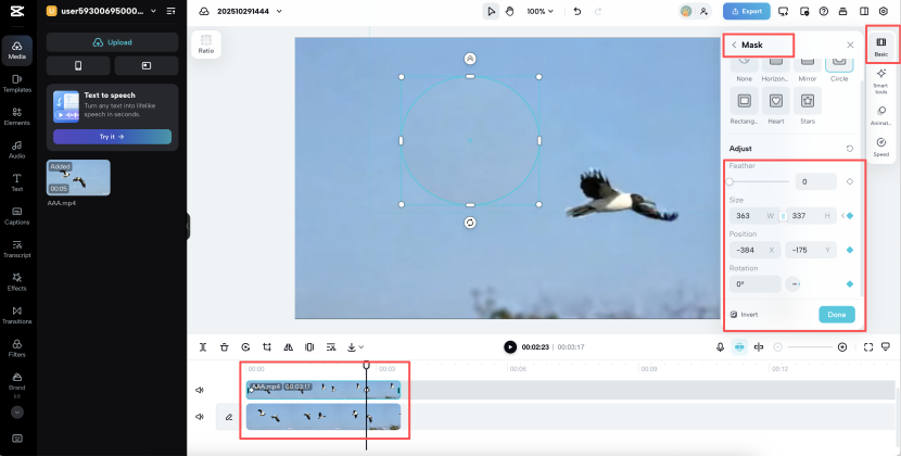 Mask position and animation controls tracking the target bird across two video layers