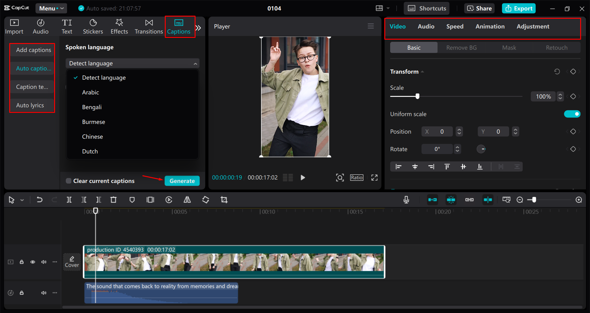 Texte ALT : modification et personnalisation d'une courte vidéo Instagram dans l'éditeur vidéo de bureau CapCut