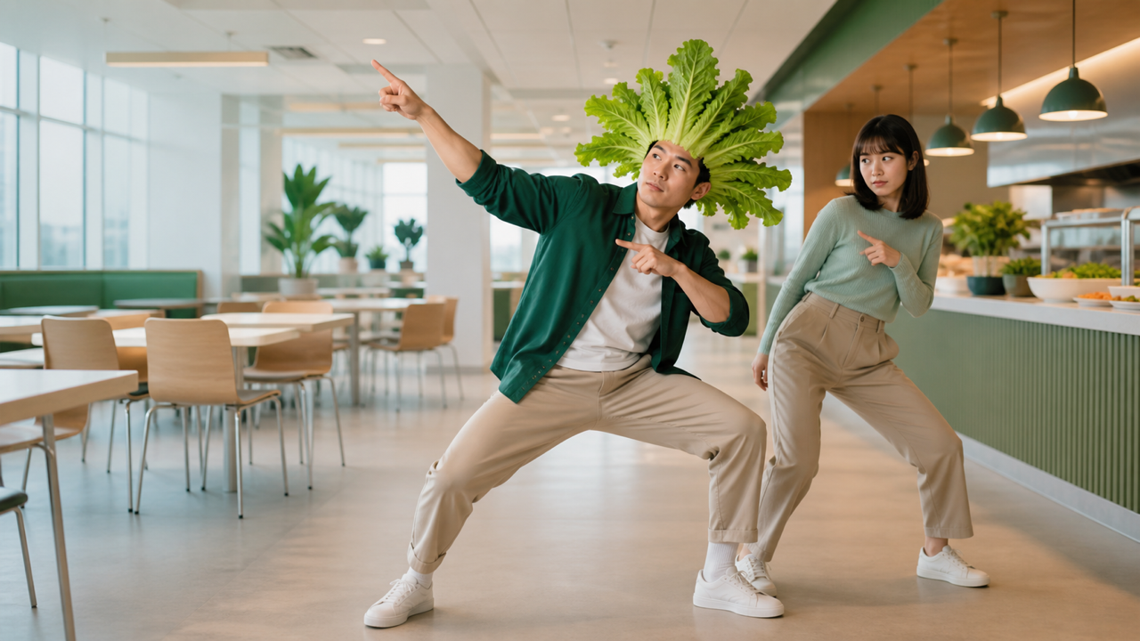 Fictional coworkers performing a playful lettuce-hair dance in a canteen