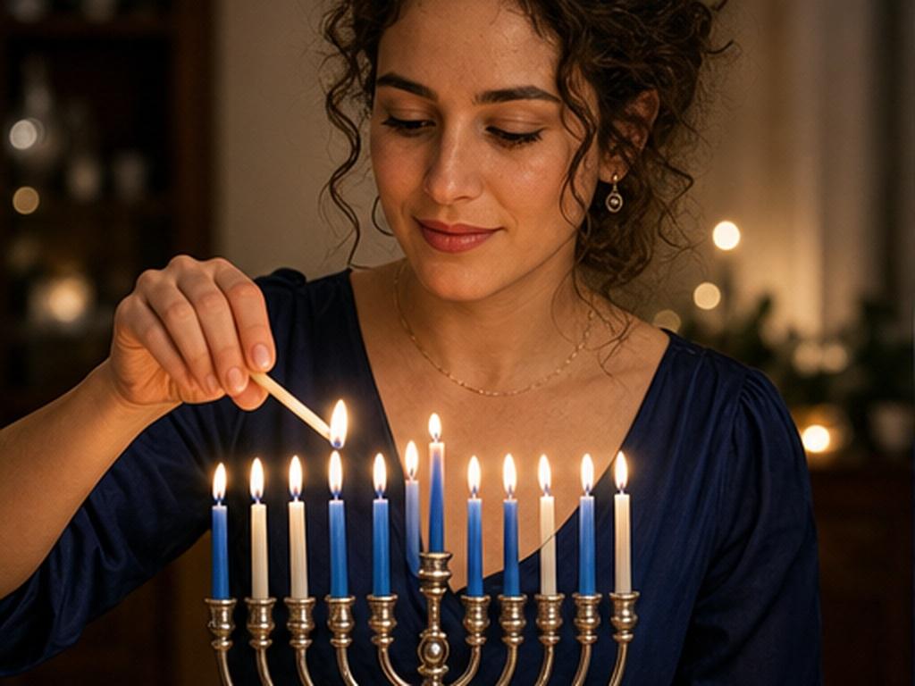 Przykład podpowiedzi AI Chanuka Photo Generator 1 - portret z oświetleniem menory