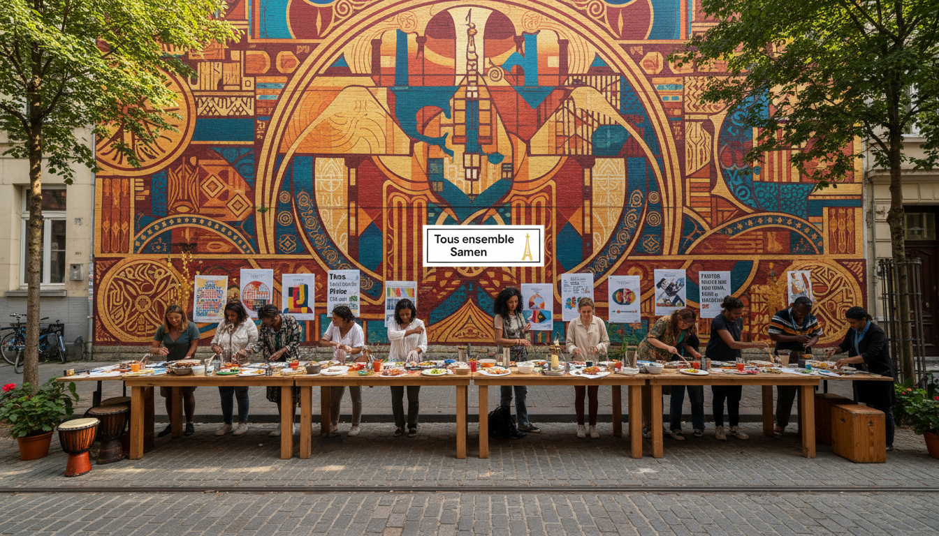 Acara keterangkuman budaya di Matongé dengan mural jalanan dan meja komuniti; tiada wajah yang kelihatan.