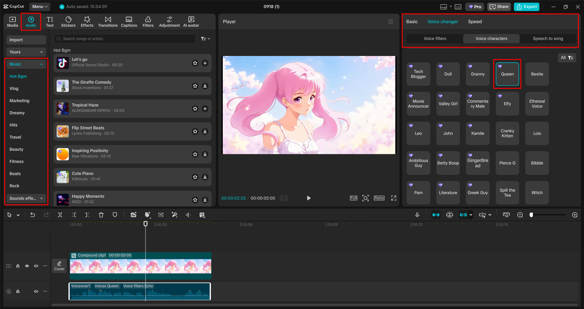 Stosowanie efektu głosowego anime do dźwięku wideo w edytorze wideo CapCut dekstop