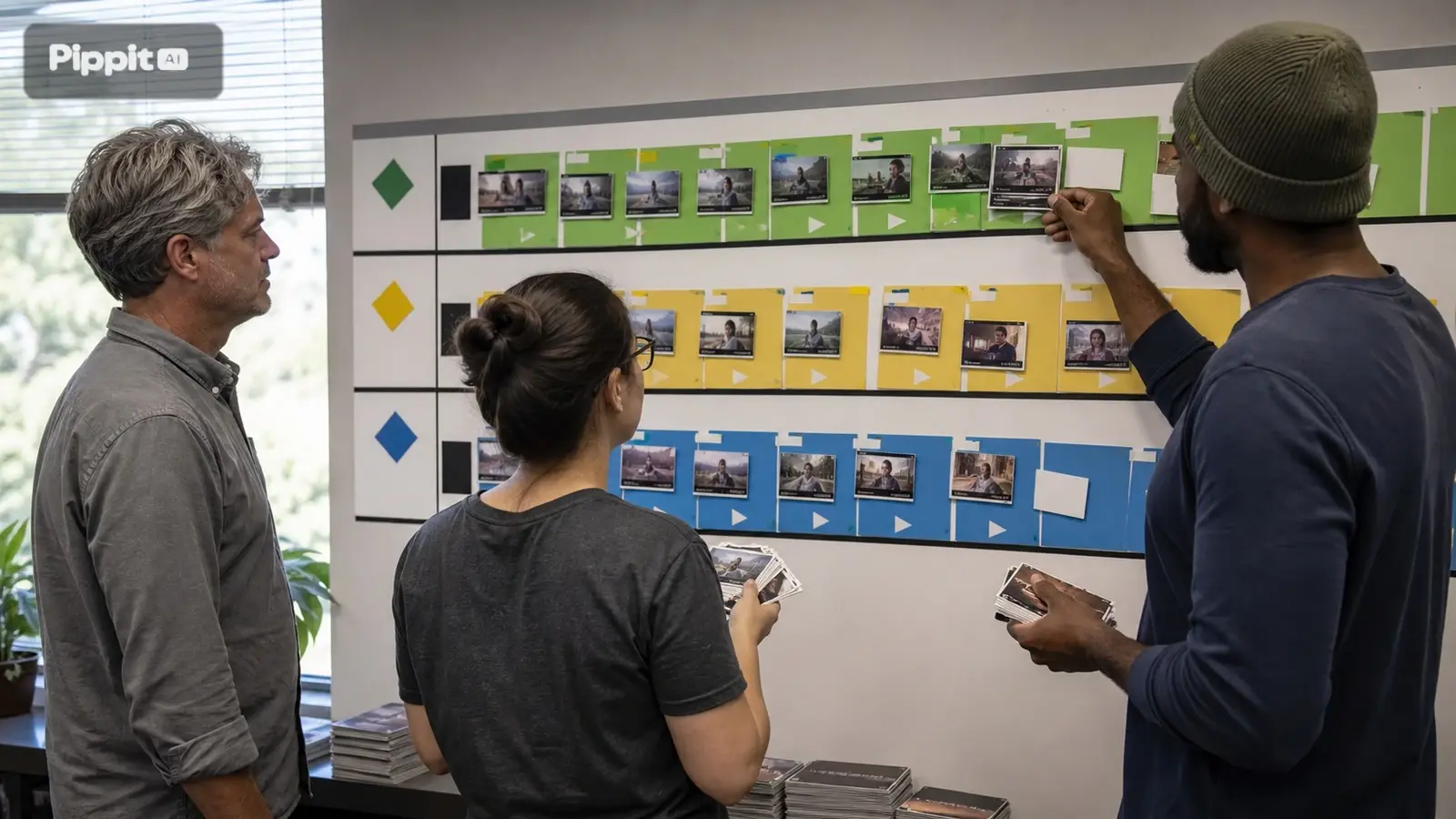Três pessoas revisam miniaturas de vídeos codificadas por cores em um painel de parede.