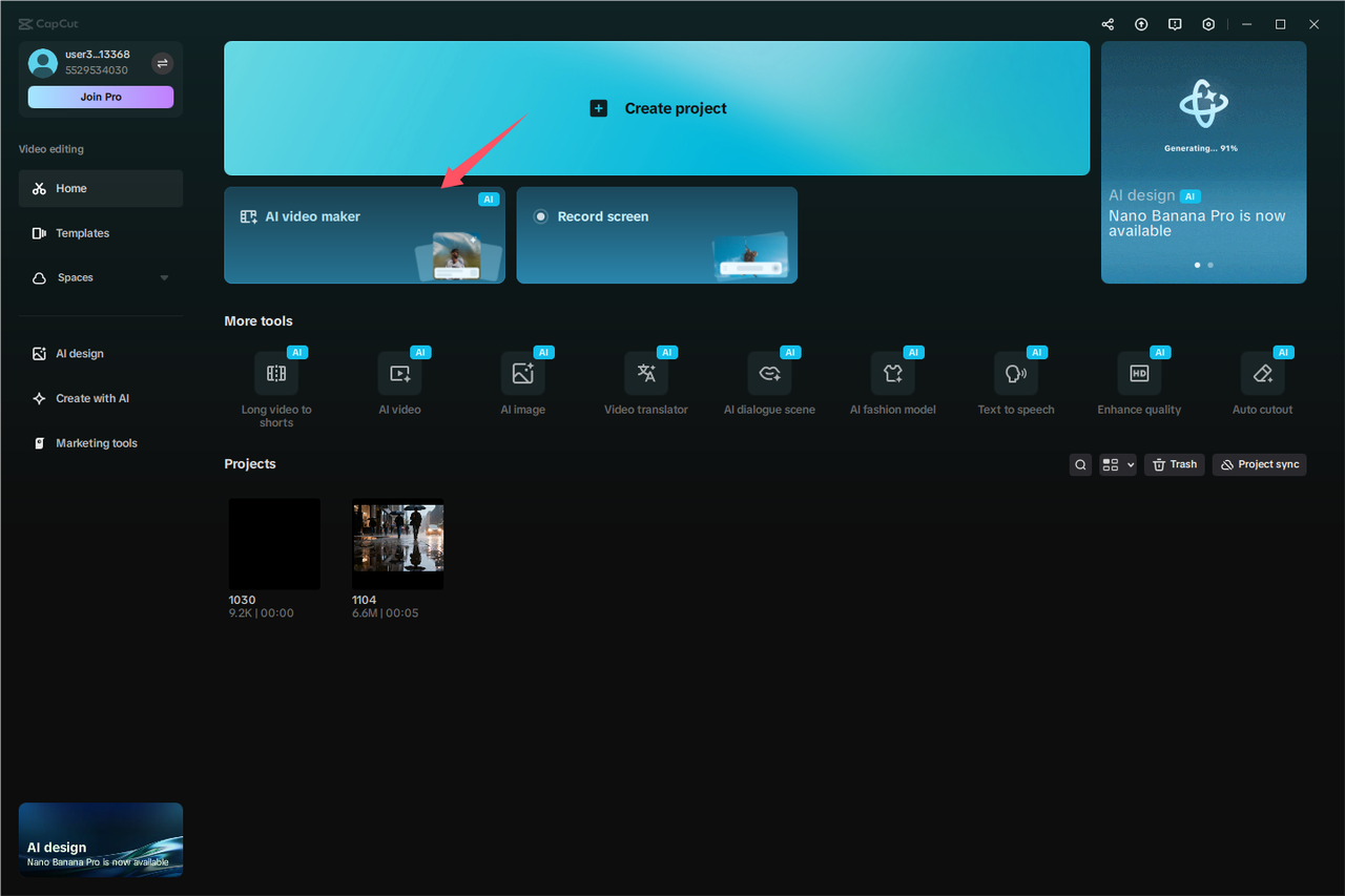 CapCut AI videókészítő asztali számítógéphez