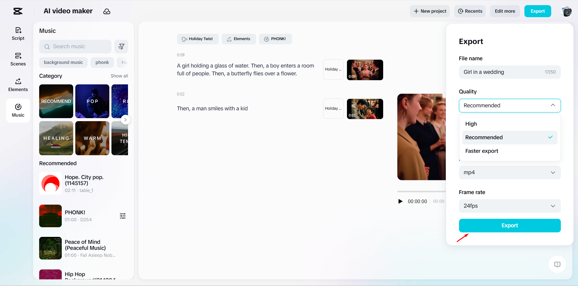 Exportando un video del creador de videos de CapCut IA