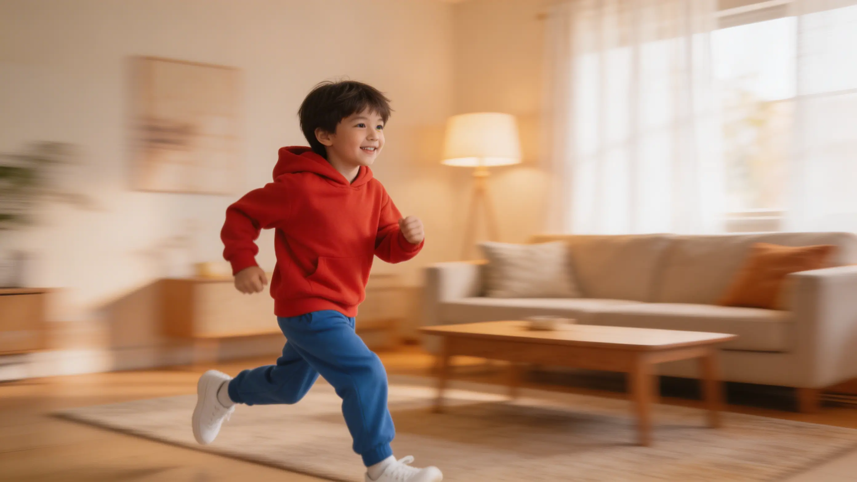Batang tumatakbo sa loob ng bahay na may motion blur effect