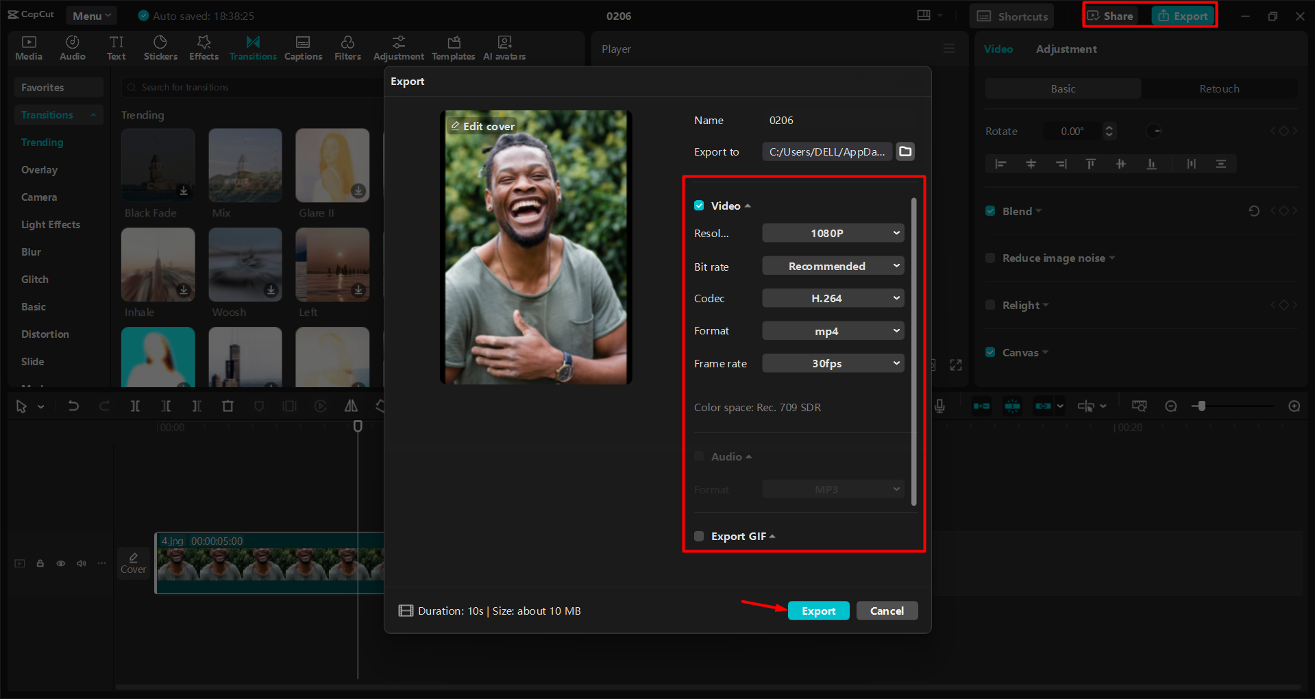 De bewerkte spoel exporteren in de CapCut desktop video-editor