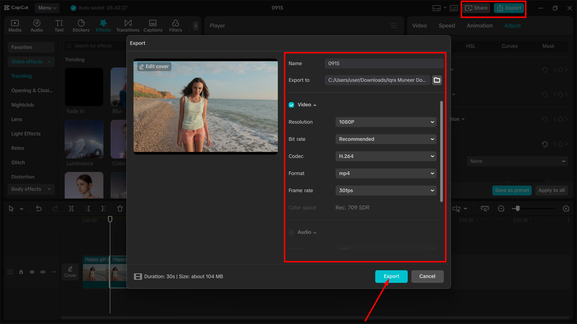 Esportazione dei media dall' CapCut editor video desktop
