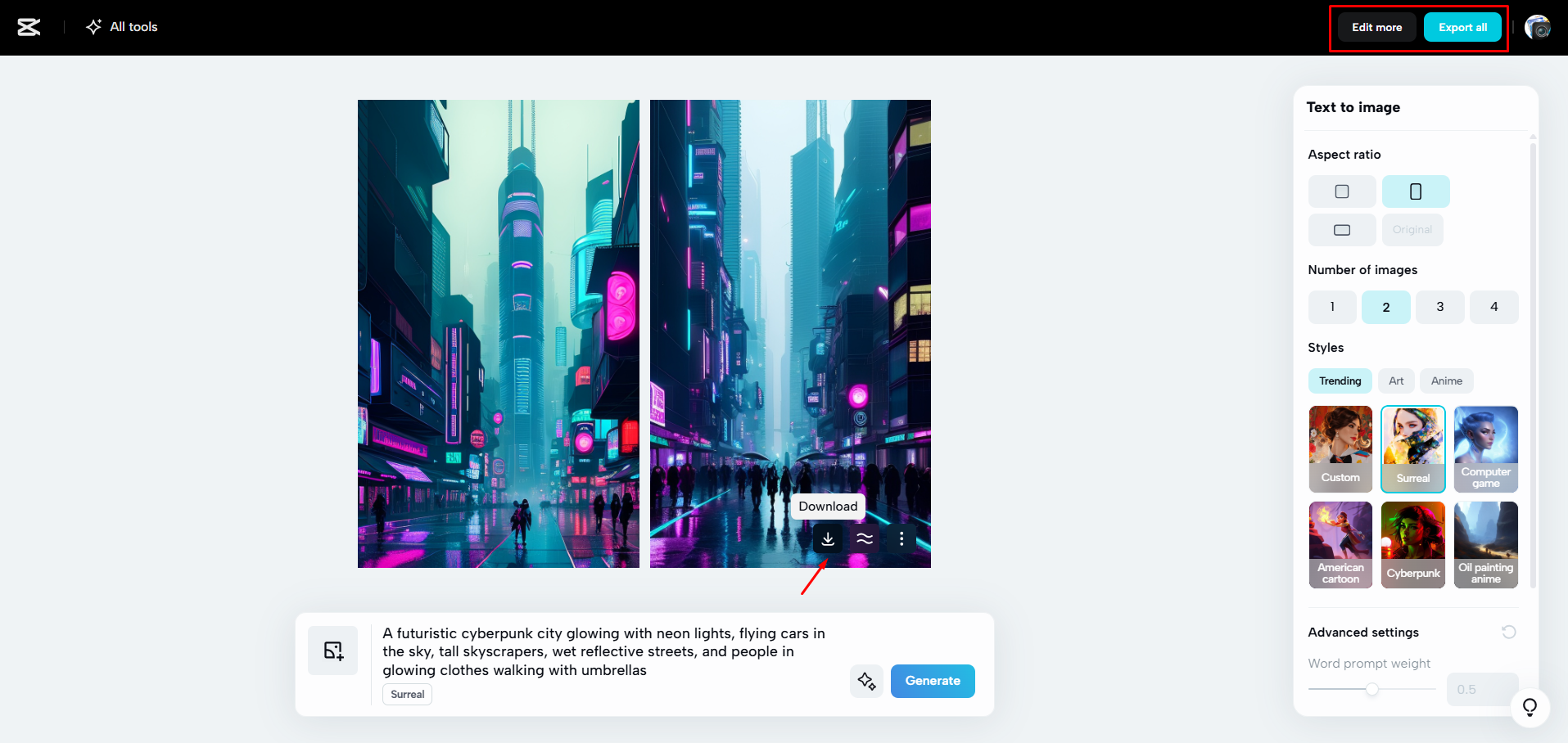 การดาวน์โหลดรูปภาพที่ AI สร้างขึ้นจาก CapCut Web