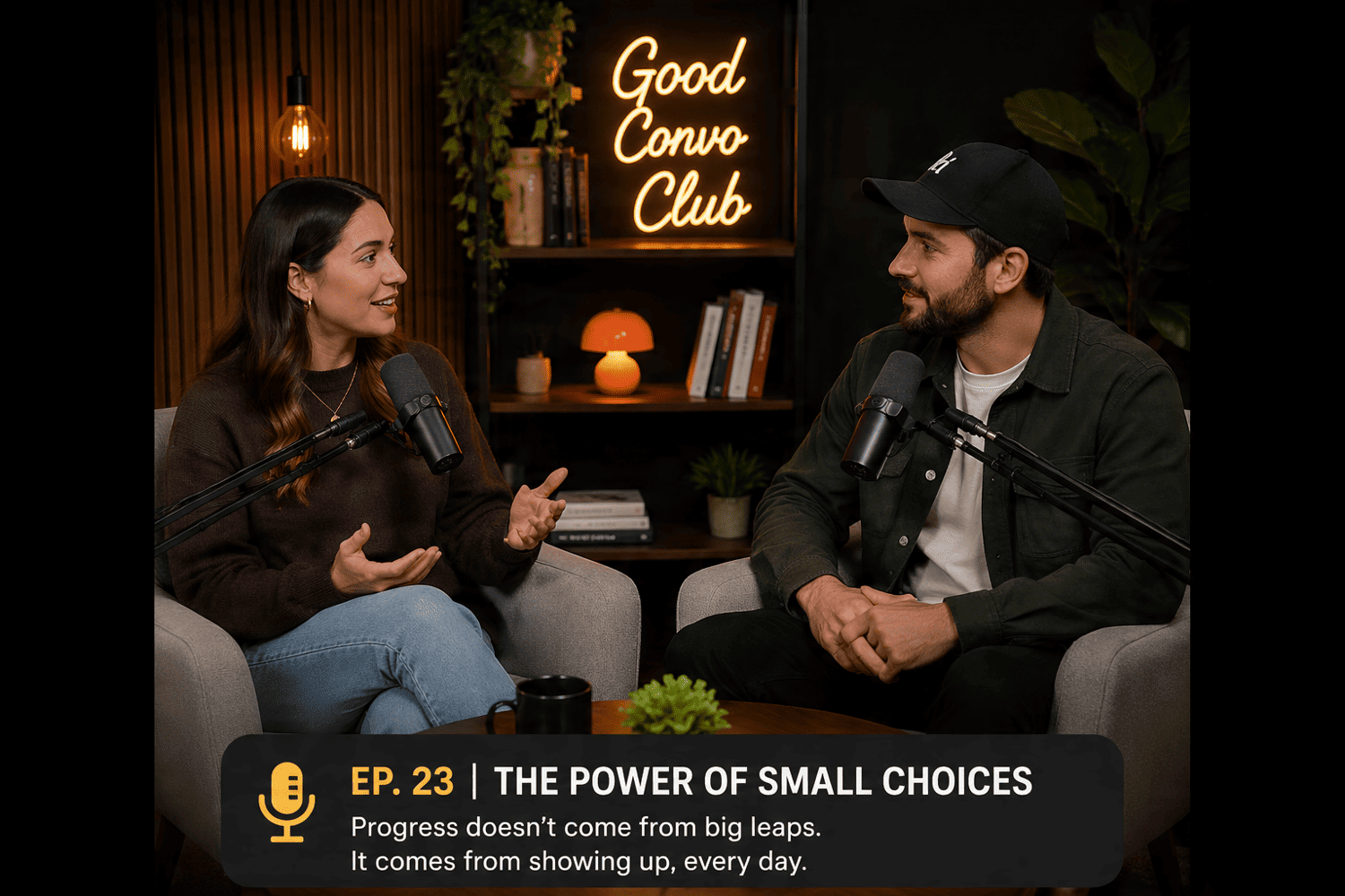 Two people talking on a podcast