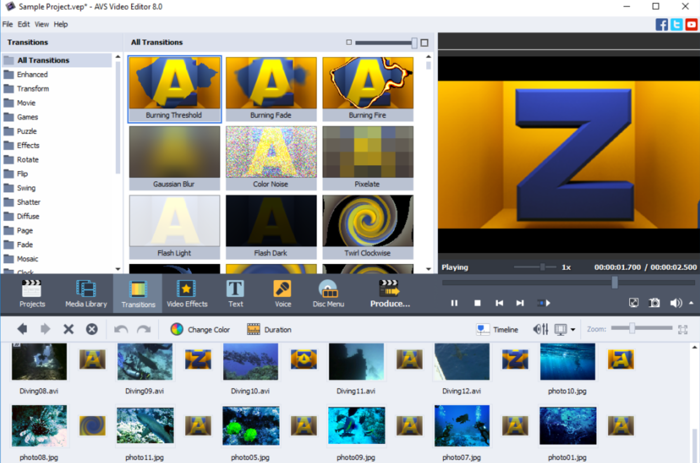 Interfaccia dell'editor video AVS