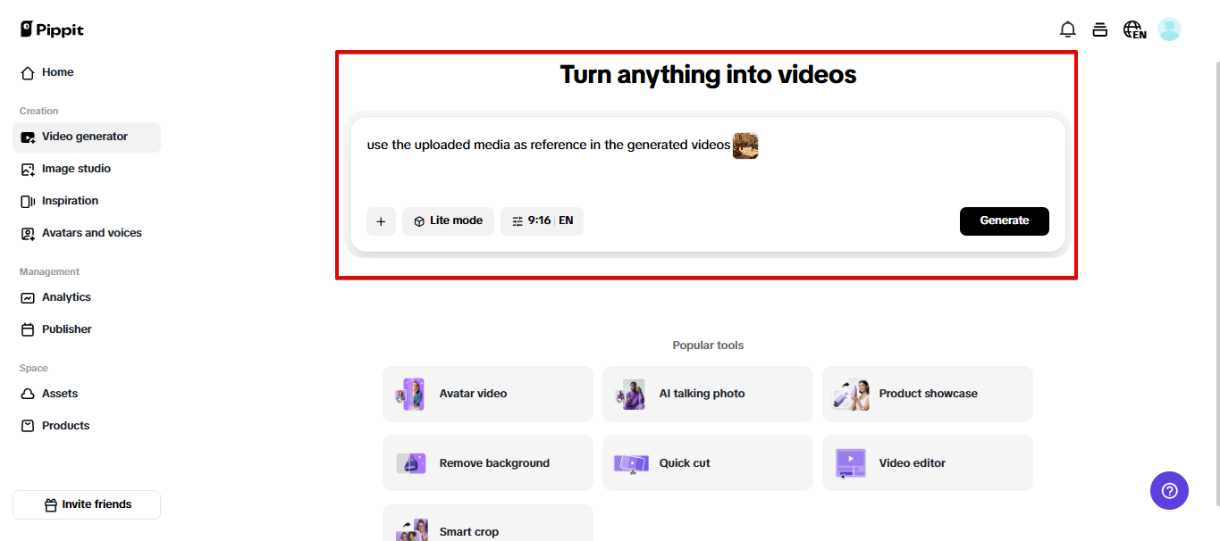 Generatore di video AI in Pippit